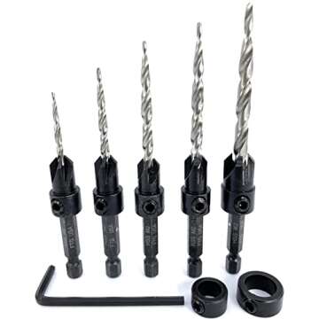 FTG USA Adjustable Wood Countersink Drill Bit Set 5 Pc Countersink Drill Bit #4#6#8#10#12 with Taper...