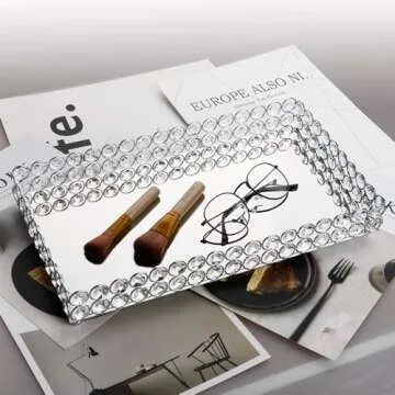 Feyarl Crystal Perfume Tray Cosmetic Vanity Makeup Tray Mirrored Jewelry Trinket Rings Earrings Organizer Storage Decorative Tray for Dresser Countertop Wedding Home Bathroom(13.7" x 7.87")