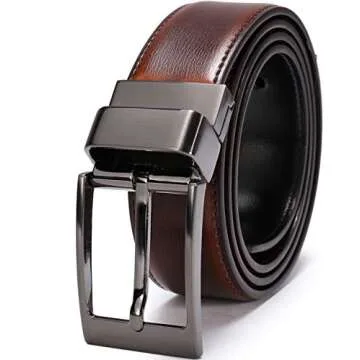 beltox fine Men's Dress Belt Leather Reversible 1.25" Wide Rotated Buckle Gift Box（Black Buckle with Cognac/Black Belt,30-32）
