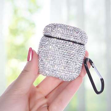 Sparkly Diamond Case for AirPods with Keychain, Shockproof Protective Premium Bling Rhinestone Cover Skin Compatible with AirPods Charging Case 2 & 1(White+AB C5)