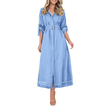 PRETTYGARDEN Women's Maxi Shirt Dress Casual 3/4 Sleeve Button Down Lapel V Neck A Line Belted Long ...
