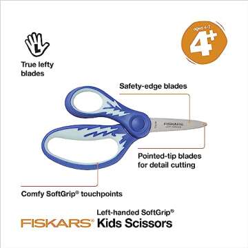 Fiskars 5" Left-Handed Softgrip Pointed-Tip Scissors for Kids 4-7 - Scissors for School or Crafting - Back to School Supplies - Blue Lightning