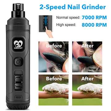 Casfuy Dog Nail Grinder with 2 LED Light - New Version 2-Speed Powerful Electric Pet Nail Trimmer Professional Quiet Painless Paws Grooming & Smoothing for Small Medium Large Dogs and Cats (Grey)