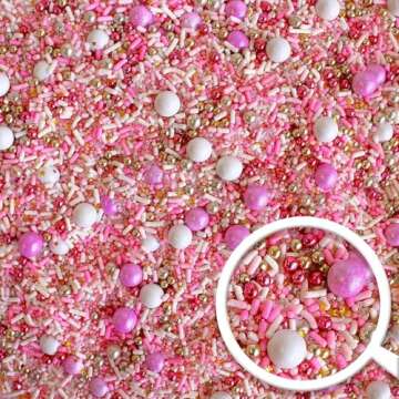 Pink Velvet Sprinkle Mix| Made In USA By Sprinkle Pop| Pastel Pink White Sprinkles with Gold Silver Metallic Dragee| For Decorating Princess Baby Shower Gender Reveal Cake Cupcakes Donut Brownies, 4oz