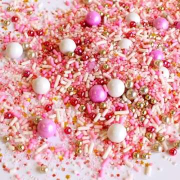 Pink Velvet Sprinkle Mix| Made In USA By Sprinkle Pop| Pastel Pink White Sprinkles with Gold Silver Metallic Dragee| For Decorating Princess Baby Shower Gender Reveal Cake Cupcakes Donut Brownies, 4oz