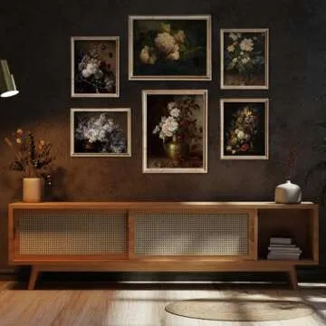 Whaline 6Pcs Dark Botanical Gallery Wall Art Prints Dark Academia Wall Decor Peony Vintage Oil Painting Floral Wall Art Poster for Halloween Gallery Bedroom Living Room(UNFRAMED)