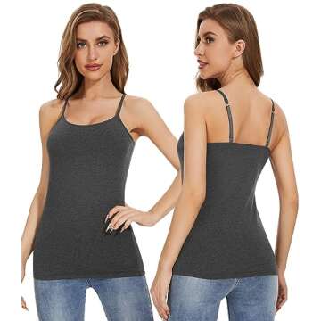 Air Curvey Women Camisole with Shelf Bra Adjustable Spaghetti Strap Cotton Undershirts 3 Pack Layering Tank Tops Black White Darkgrey XL