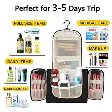 OMYSTYLE Hanging Travel Toiletry Bag for Women and Men, Hygiene Bag, Womens Bathroom and Shower Kit Organizer for Toiletries Cosmetic Makeup Shampoo Brushes (Black, Medium Size)