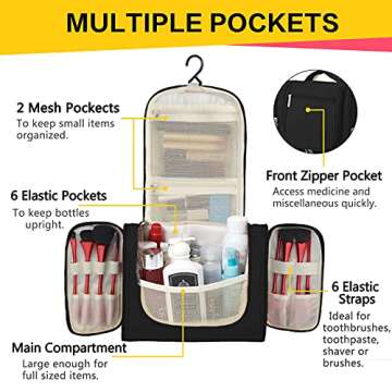OMYSTYLE Hanging Travel Toiletry Bag for Women and Men, Hygiene Bag, Womens Bathroom and Shower Kit Organizer for Toiletries Cosmetic Makeup Shampoo Brushes (Black, Medium Size)