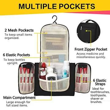 OMYSTYLE Hanging Travel Toiletry Bag for Women and Men, Hygiene Bag, Womens Bathroom and Shower Kit Organizer for Toiletries Cosmetic Makeup Shampoo Brushes (Black, Medium Size)