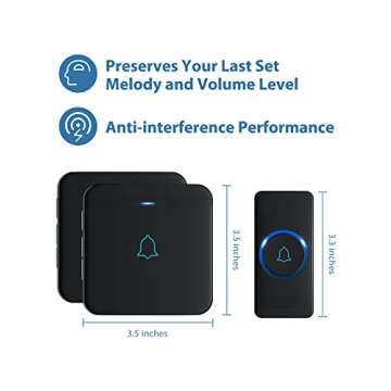 AVANTEK Wireless Doorbell, D-3B Waterproof Door Chime Kit Operating at over 1300 Feet with 2 Plug-In Receivers, 52 Melodies, CD Quality Sound and LED Flash