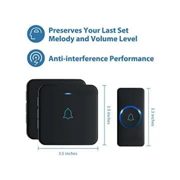 AVANTEK Wireless Doorbell, D-3B Waterproof Door Chime Kit Operating at over 1300 Feet with 2 Plug-In Receivers, 52 Melodies, CD Quality Sound and LED Flash