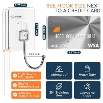 GLUIT Adhesive Large Wall Hooks - Heavy Duty, Clear, 12 Pack