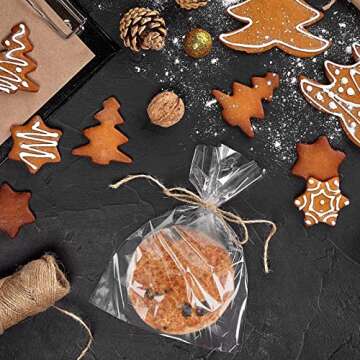 MoloTAR 100 Pcs 10 in x 6 in(1.4mil.) Clear Flat Cello Cellophane Treat Bags Good for Bakery, Cookies, Candies,Dessert with 5 random Twist Ties!