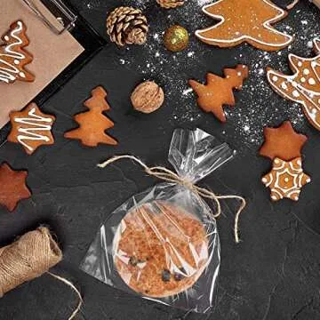 MoloTAR 100 Pcs 10 in x 6 in(1.4mil.) Clear Flat Cello Cellophane Treat Bags Good for Bakery, Cookies, Candies,Dessert with 5 random Twist Ties!