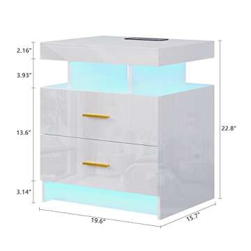 HNEBC Auto LED Nightstand with Wireless Charging Station & USB Ports,High Gloss Bedside Tables with ...