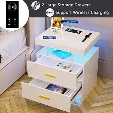 HNEBC Auto LED Nightstand with Wireless Charging Station & USB Ports,High Gloss Bedside Tables with 2 Drawers,Floating Nightstand with 3 Color & Adjustable Brightness Embedded LED Light Strip