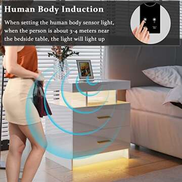 HNEBC Auto LED Nightstand with Wireless Charging Station & USB Ports,High Gloss Bedside Tables with 2 Drawers,Floating Nightstand with 3 Color & Adjustable Brightness Embedded LED Light Strip