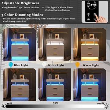 HNEBC Auto LED Nightstand with Wireless Charging Station & USB Ports,High Gloss Bedside Tables with 2 Drawers,Floating Nightstand with 3 Color & Adjustable Brightness Embedded LED Light Strip