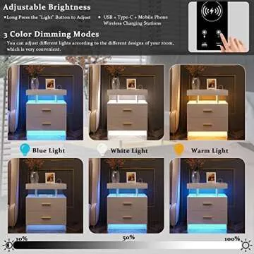 HNEBC Auto LED Nightstand with Wireless Charging Station & USB Ports,High Gloss Bedside Tables with 2 Drawers,Floating Nightstand with 3 Color & Adjustable Brightness Embedded LED Light Strip