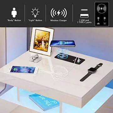 HNEBC Auto LED Nightstand with Wireless Charging Station & USB Ports,High Gloss Bedside Tables with 2 Drawers,Floating Nightstand with 3 Color & Adjustable Brightness Embedded LED Light Strip