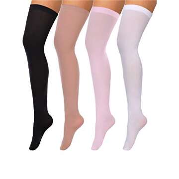 4 Pairs Women's Silk Thigh High Stockings Nylon Socks for Women Halloween Cosplay Costume Party Tights Accessory (Black, White, Skin Color, Pink,F Size)