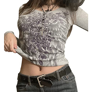 Rhinestone y2k Grunge Top 90's Aesthetic Clothes Y2K Shirt Long Sleeve Tees Grey S