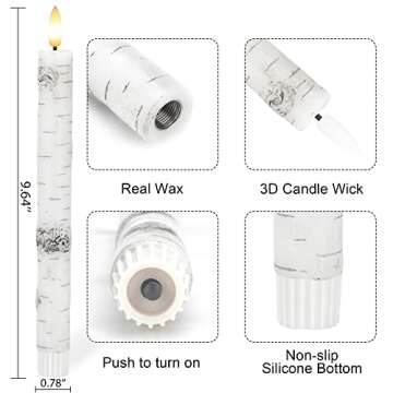 Birch Bark Flameless Taper Candles with 3D Wick, 9.6" Real Wax LED Candles with Remote and Timer, 3 ...