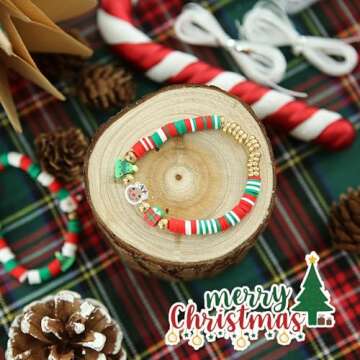 Megoogo Christmas Clay Beads Set, Xmas Colors Heishi Polymer Clay Beads Flat Round Beads with Charms for DIY BFF Bracelet New Year's Decorations Craft Supplies