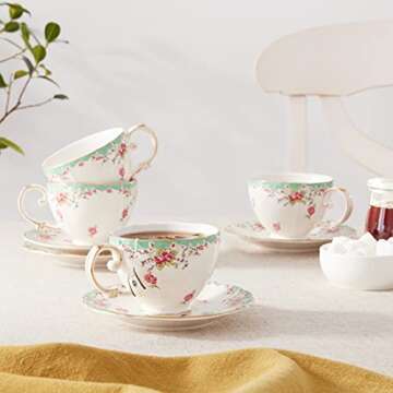 Gracie China by Coastline Imports Green Gracie China Vintage Rose Porcelain 7-Ounce Tea Cup and Saucer Set of 4, 4 Count (Pack of 1)