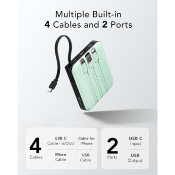 VRURC 10,000mAh Portable Charger with Built-in Cable