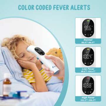 Touchless Forehead Thermometer for Adults and Kids, Instant Accuracy Readings,Fever Alarm, Quiet Vibration Feedback and 40 Memory Function, LCD