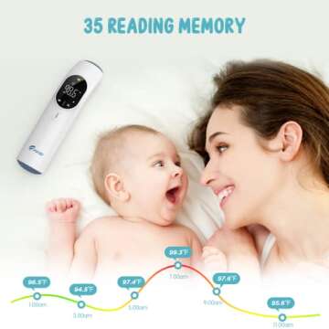 Touchless Forehead Thermometer for Adults and Kids, Instant Accuracy Readings,Fever Alarm, Quiet Vibration Feedback and 40 Memory Function, LCD
