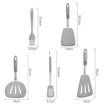 5in1 Stylish Heat Resistant Non-scratched Silicone Spatulas w/Food Tongs Brush Set for Nostick Cookware for New Apartment Fish Steak Egg Pancake Tuner Kitchen Cooking Utensils