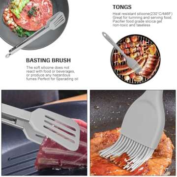 5in1 Stylish Heat Resistant Non-scratched Silicone Spatulas w/Food Tongs Brush Set for Nostick Cookware for New Apartment Fish Steak Egg Pancake Tuner Kitchen Cooking Utensils