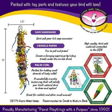Super Bird Creations SB779 Fiesta Millet Holder Foraging Toy - Handcrafted Bird Toys with Curly Palm Spring & Crinkle Paper, Foraging Toys for Small to Medium Birds, Perfect Cockatiel Toys, 9" x 1.5"
