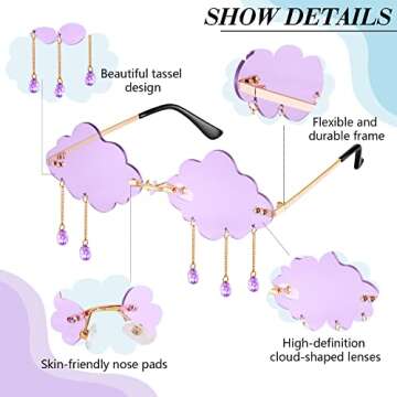 Weewooday 2 Pairs Tassel Clouds Shaped Sunglasses Rimless Men Women 90s Disco Sunglasses (Light Blue, Purple)