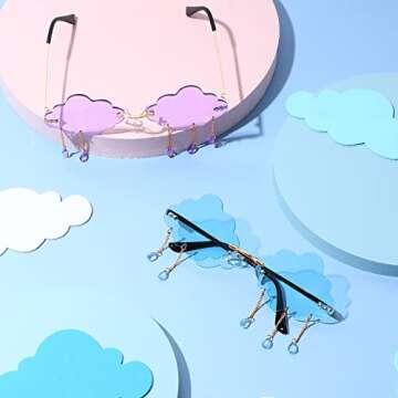 Weewooday 2 Pairs Tassel Clouds Shaped Sunglasses Rimless Men Women 90s Disco Sunglasses (Light Blue, Purple)