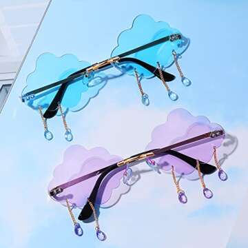 Weewooday 2 Pairs Tassel Clouds Shaped Sunglasses Rimless Men Women 90s Disco Sunglasses (Light Blue, Purple)