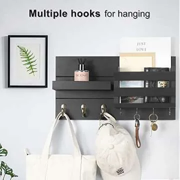 Lwenki Mail Organizer for Wall Mount – Key Holder with Shelf Includes Letter Holder and Hooks for Coats, Dog Leashes – Rustic Wood with Flush Mounting Hardware (16.5” x 8.7” x 3.5”)