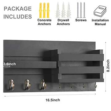 Lwenki Mail Organizer for Wall Mount – Key Holder with Shelf Includes Letter Holder and Hooks for Coats, Dog Leashes – Rustic Wood with Flush Mounting Hardware (16.5” x 8.7” x 3.5”)