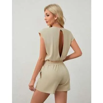 Xiaoxuemeng Womens Open Back Rompers Casual Loose Fit Workout Shortsie One Piece Active Tracksuits Sweatsuits (Beige-S)