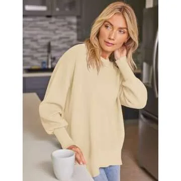 EFAN Women's Oversized Sweaters 2025 Fall Trendy Crewneck Batwing Sleeve Chunky Knit Long Pullover Cute Tunic Tops Dress Winter Clothes Cashmere Fashion Outfits Ladies Clothing Cream Apricot M