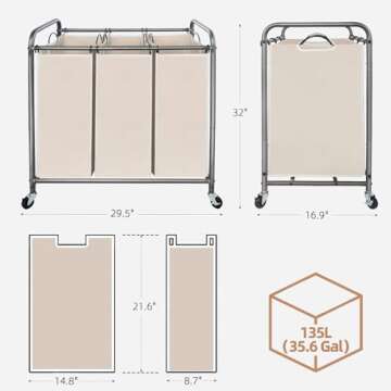STORAGE MANIAC 3 Section Laundry Sorter, 3 Bag Laundry Hamper Cart with Heavy Duty Rolling Lockable Wheels and Removable Bags, Laundry Organizer Laundry Basket Laundry Clothes Separator Hamper, Beige