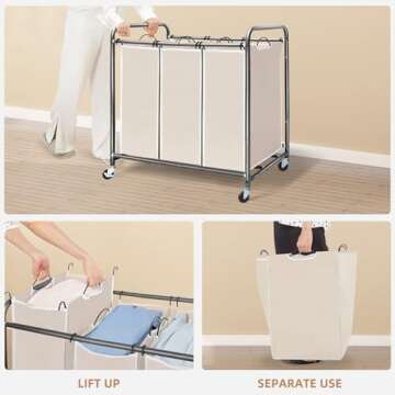 STORAGE MANIAC 3 Section Laundry Sorter, 3 Bag Laundry Hamper Cart with Heavy Duty Rolling Lockable Wheels and Removable Bags, Laundry Organizer Laundry Basket Laundry Clothes Separator Hamper, Beige