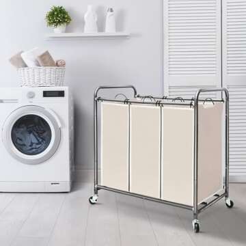 STORAGE MANIAC 3 Section Laundry Sorter, 3 Bag Laundry Hamper Cart with Heavy Duty Rolling Lockable Wheels and Removable Bags, Laundry Organizer Laundry Basket Laundry Clothes Separator Hamper, Beige