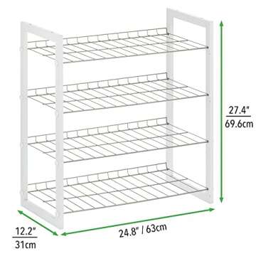 mDesign Wood and Metal 4 Tier Shoe and Boot Storage Organizer Rack Tower - Space-Saving, Vertical Storage - Closet, Entryway, Mudroom, Bedroom, Garage - White/Satin