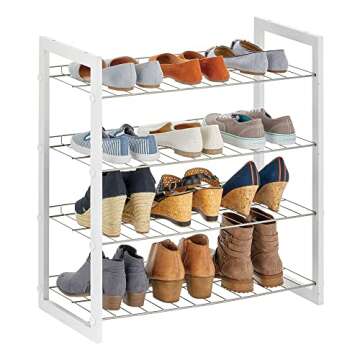 mDesign Wood and Metal 4 Tier Shoe and Boot Storage Organizer Rack Tower - Space-Saving, Vertical Storage - Closet, Entryway, Mudroom, Bedroom, Garage - White/Satin