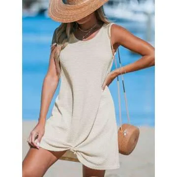 CUPSHE Women's Sleeveless Swimsuit Coverup Waffle Knit Swimwear Beach Cover Ups Twisted Mini Dress Beige Medium