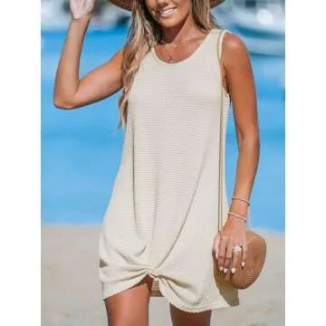 CUPSHE Women's Sleeveless Swimsuit Coverup Waffle Knit Swimwear Beach Cover Ups Twisted Mini Dress Beige Medium